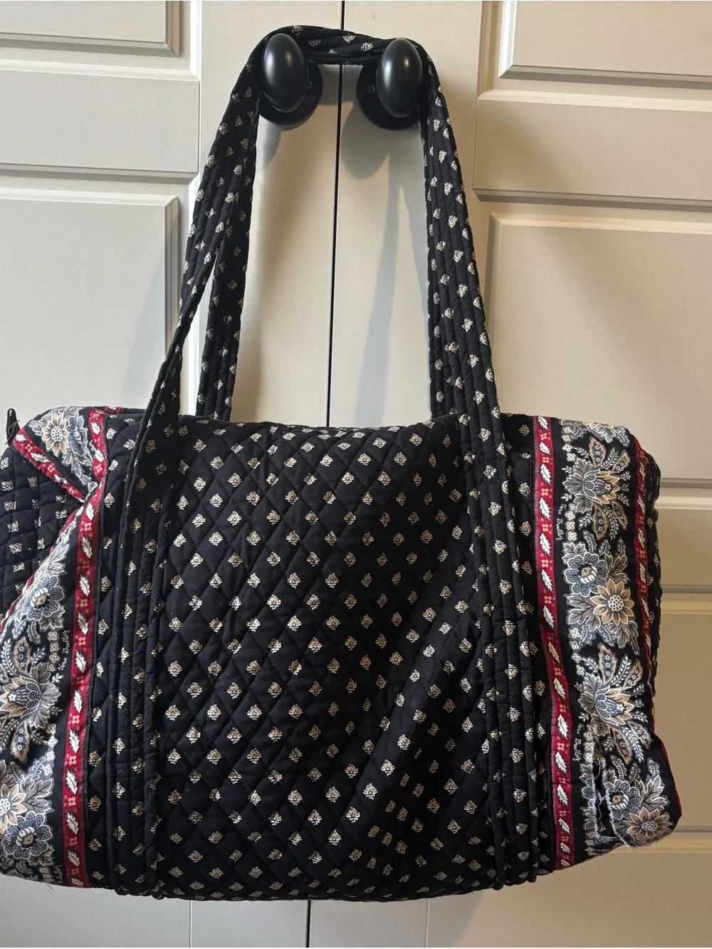 Vera Bradley Black Quilted Travel Duffel with Red and Cream Floral Trim